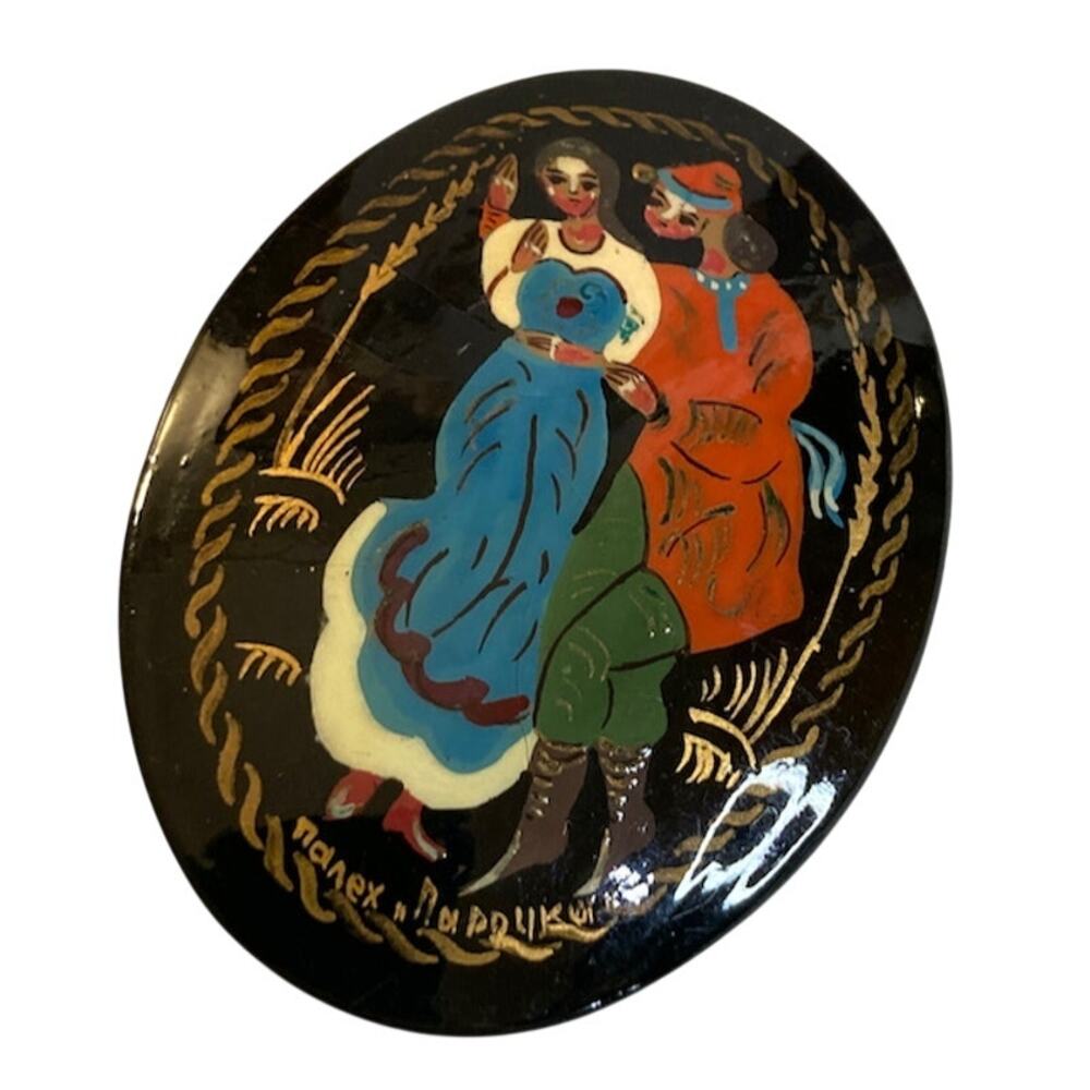 0125 Vintage Hand-Painted and Signed Palekh Russian Wood & Black Lacquer Brooch